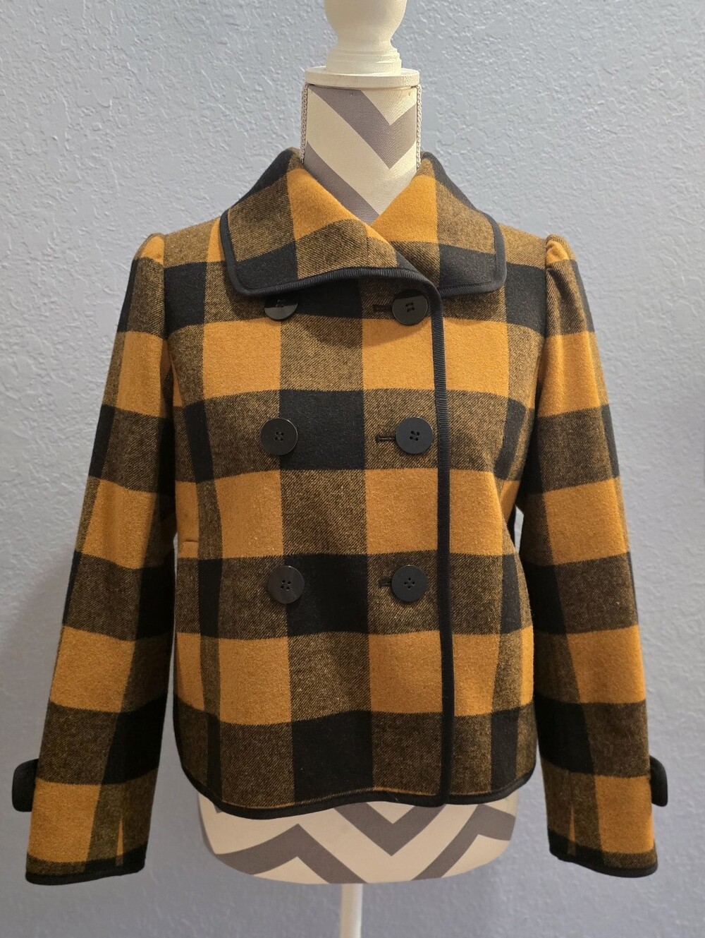 ANN TAYLOR LOFT Plaid Wool Blend Double Breasted Pea Coat Jacket Petite (SP)